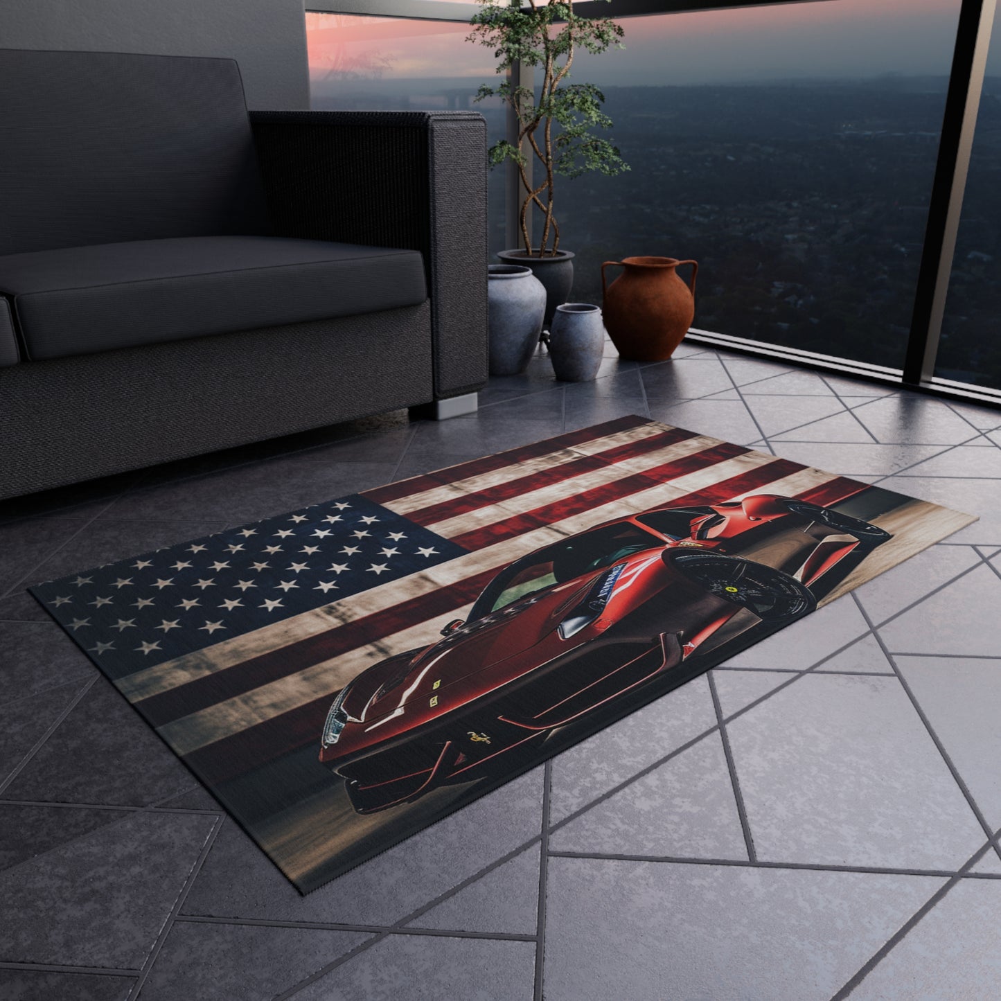 Outdoor Rug  American Flag Background Ferrari 4