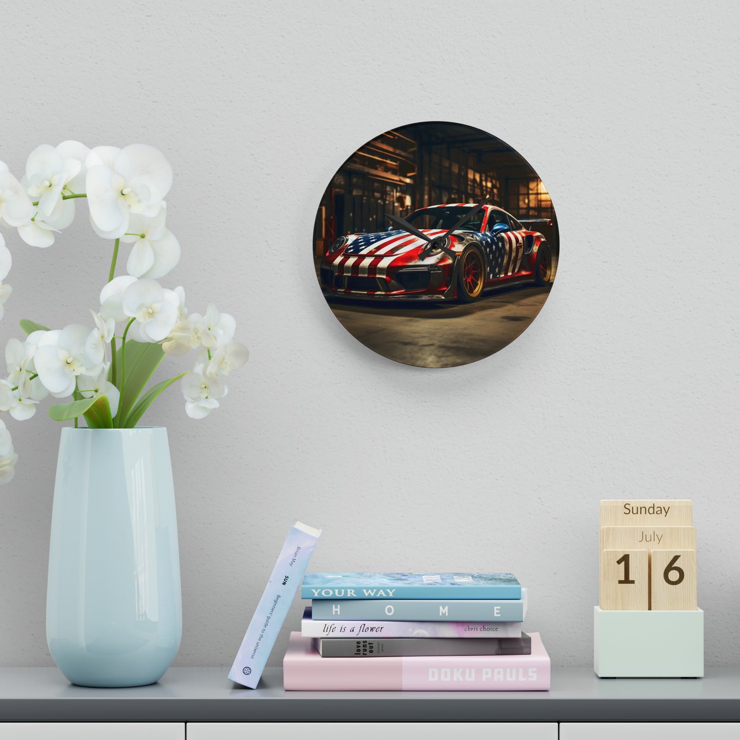 Acrylic Wall Clock American Flag Porsche 4