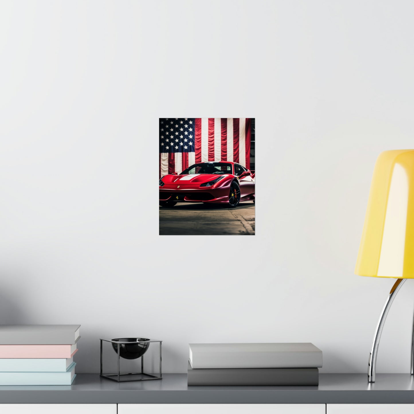 Premium Matte Vertical Posters American Flag Background Ferrari 3