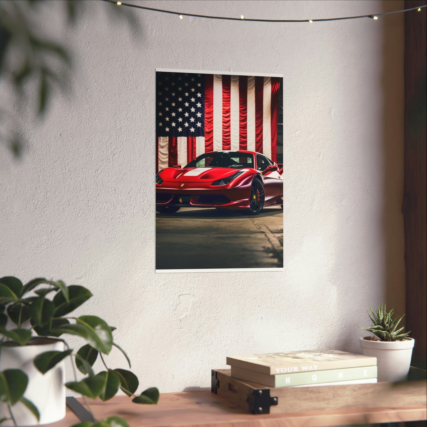 Premium Matte Vertical Posters American Flag Background Ferrari 3