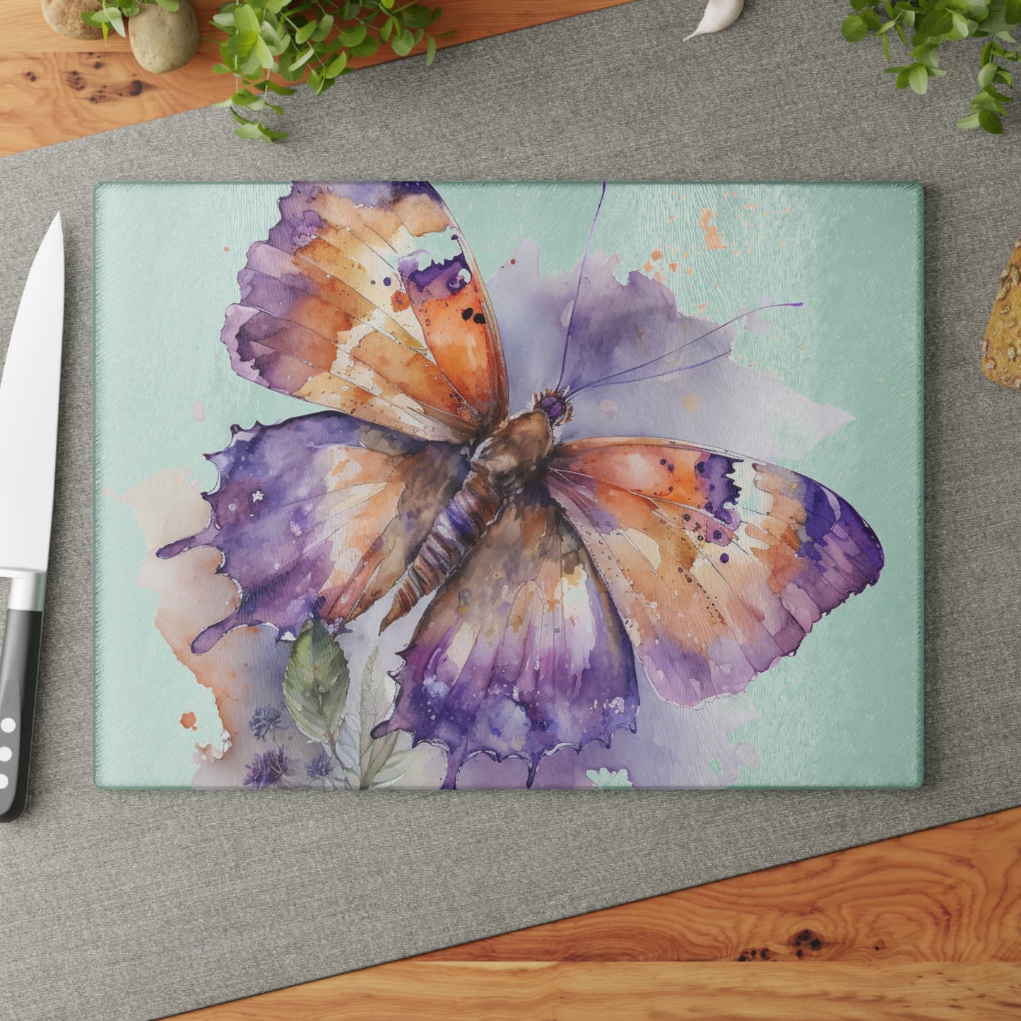 Glass Cutting Board MerlinRose Watercolor Butterfly 1