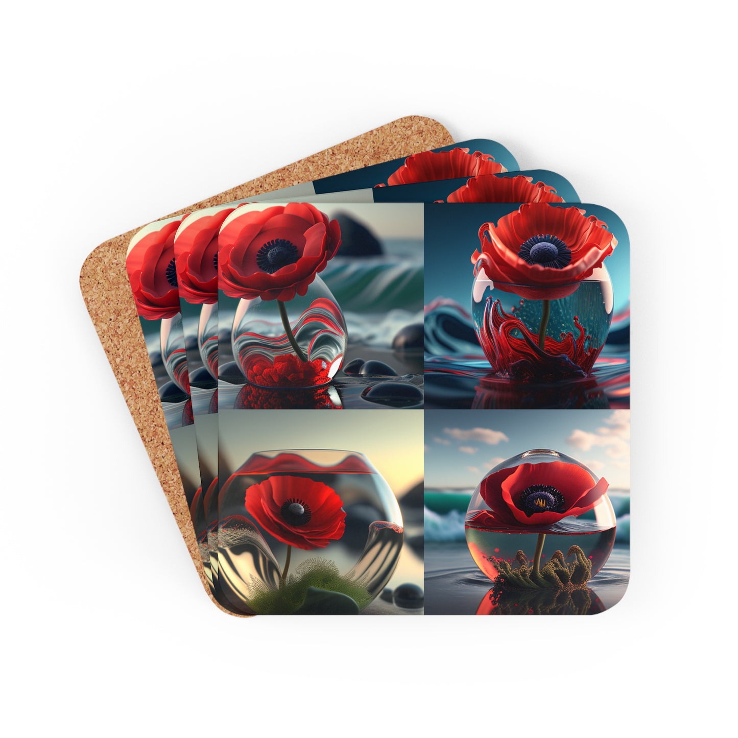 Corkwood Coaster Set Red Anemone in a Vase 5