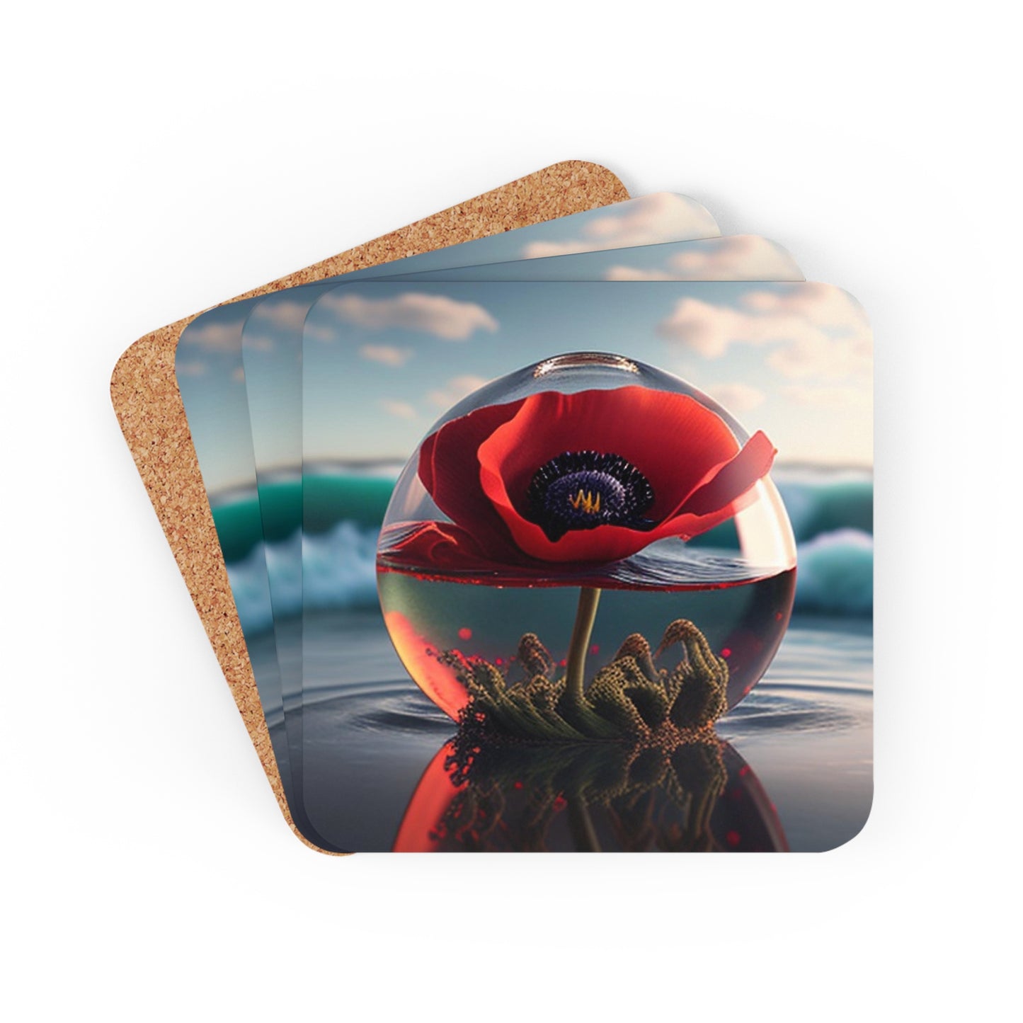 Corkwood Coaster Set Red Anemone in a Vase 4