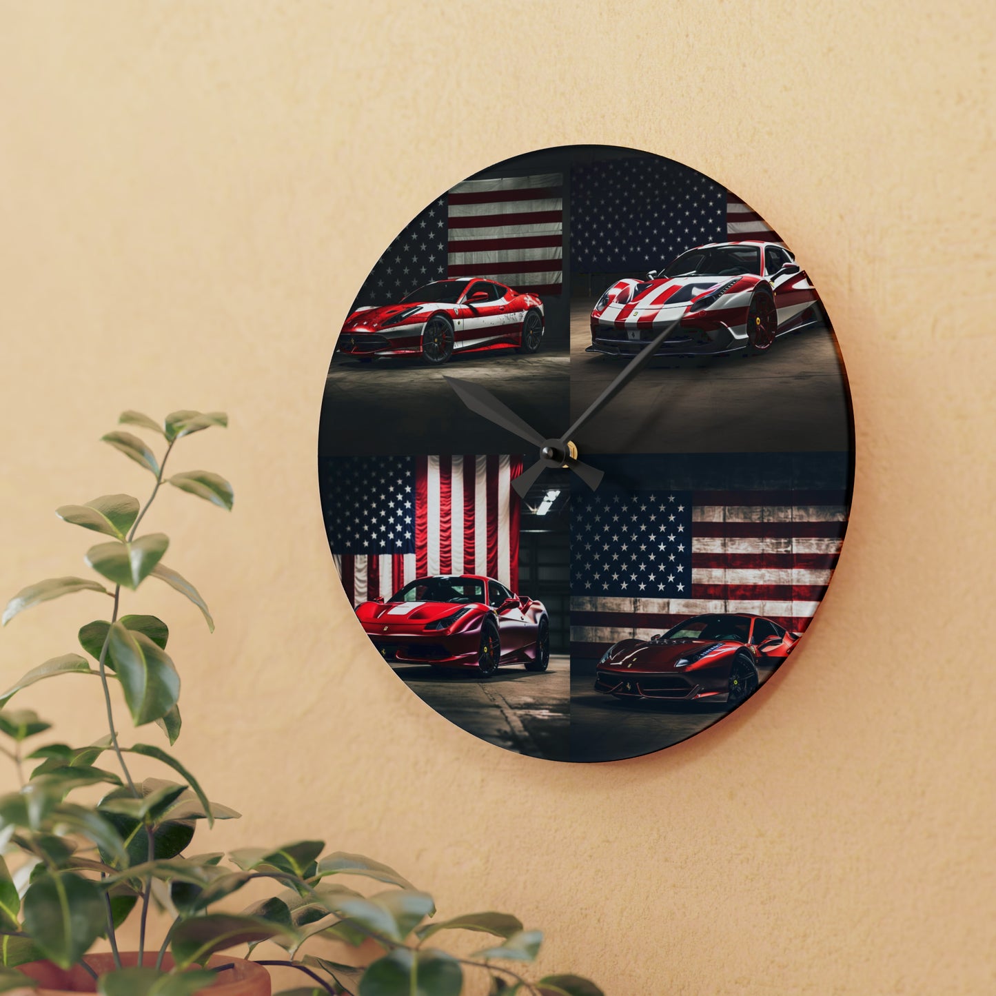 Acrylic Wall Clock American Flag Background Ferrari 5