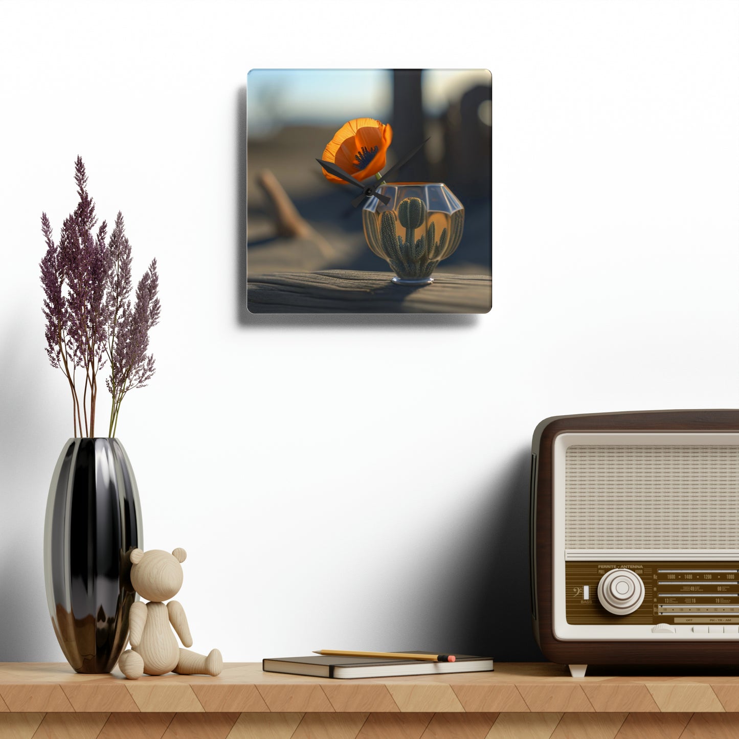 Acrylic Wall Clock Orange Poppy in a Vase 2