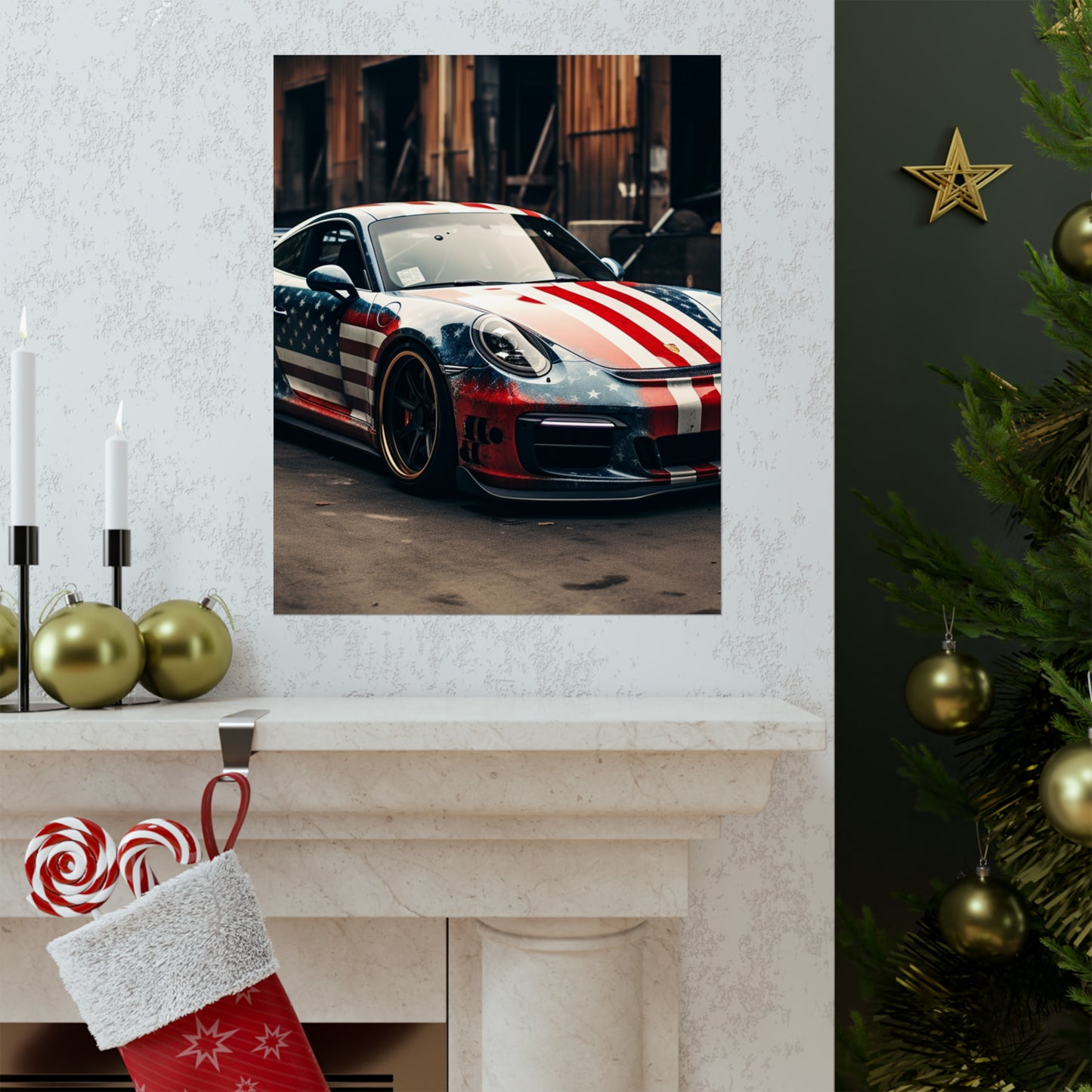 Premium Matte Vertical Posters American Flag Porsche 3