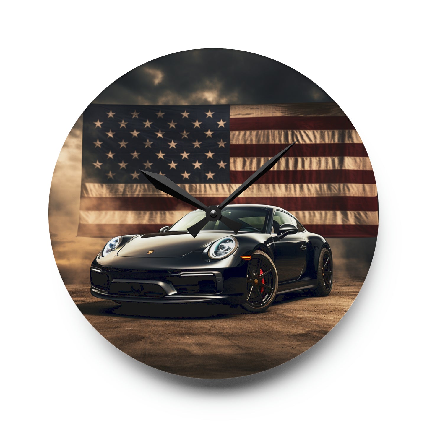 Acrylic Wall Clock American Flag Background Porsche 4