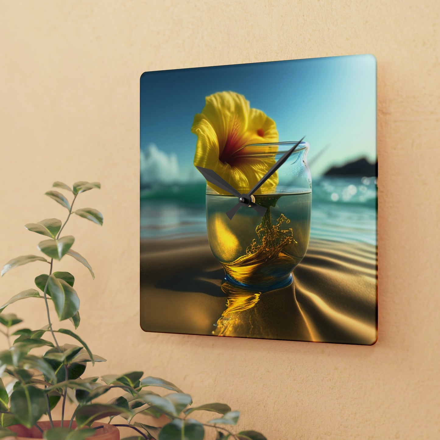 Acrylic Wall Clock Yellow Hibiscus glass 1