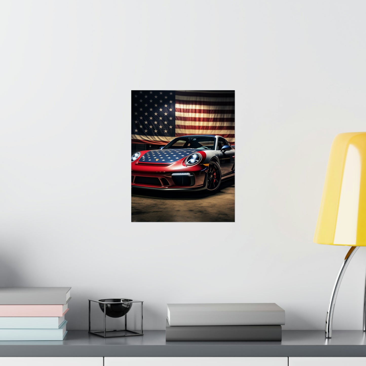 Premium Matte Vertical Posters American Flag Background Porsche 1