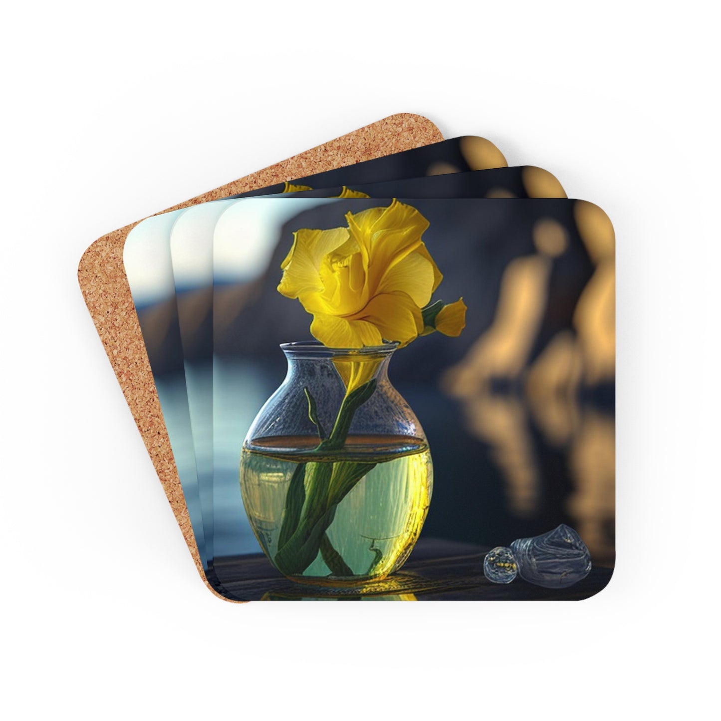 Corkwood Coaster Set Yellow Gladiolus glass 3