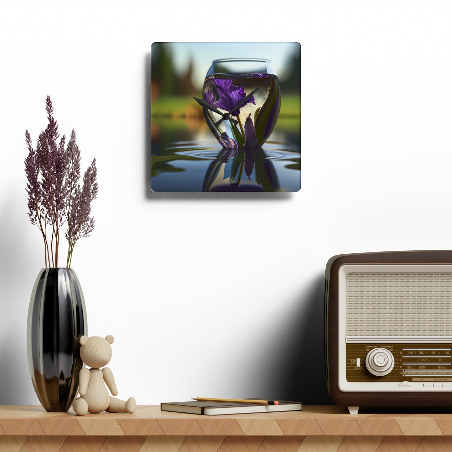 Acrylic Wall Clock Purple Iris in a vase 3