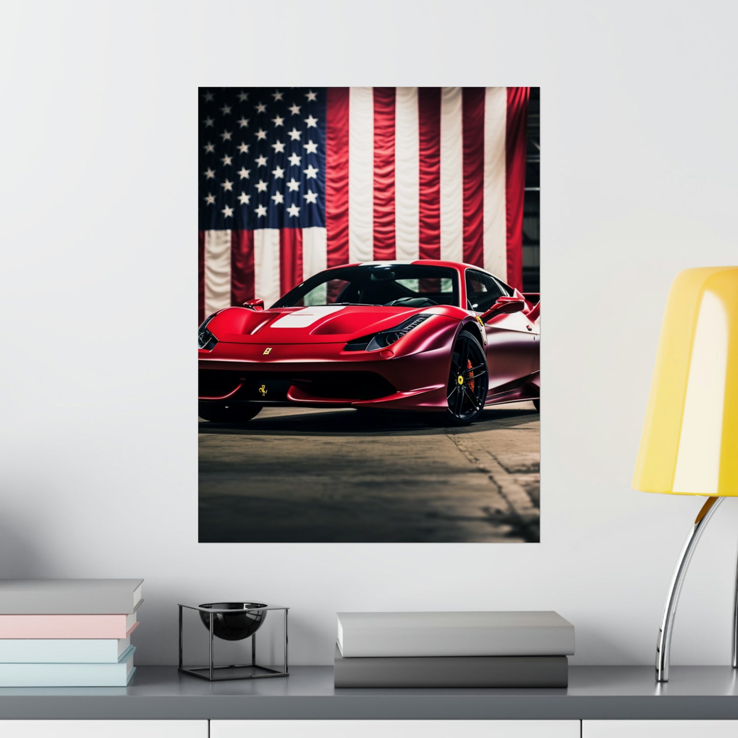 Premium Matte Vertical Posters American Flag Background Ferrari 3