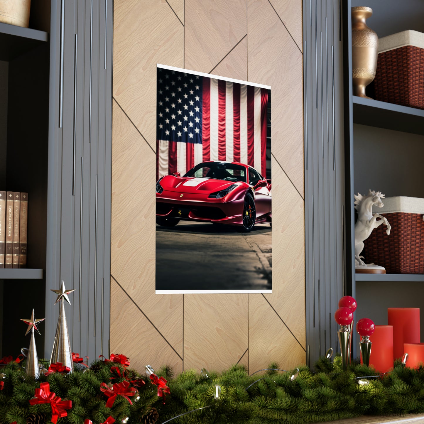 Premium Matte Vertical Posters American Flag Background Ferrari 3