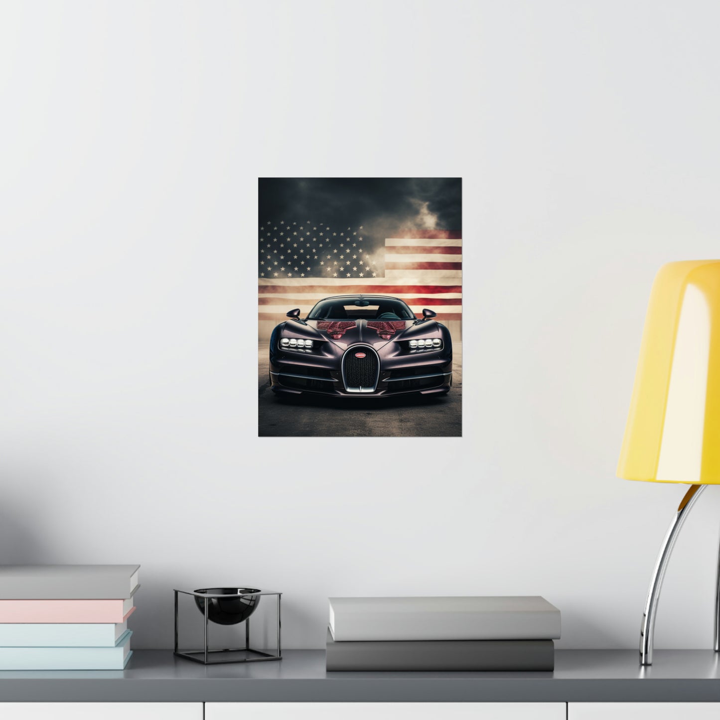 Premium Matte Vertical Posters American Flag Background Bugatti 2