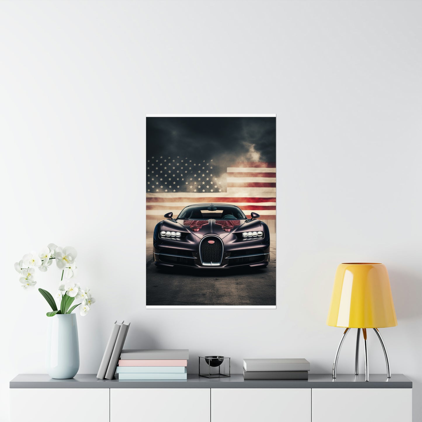 Premium Matte Vertical Posters American Flag Background Bugatti 2