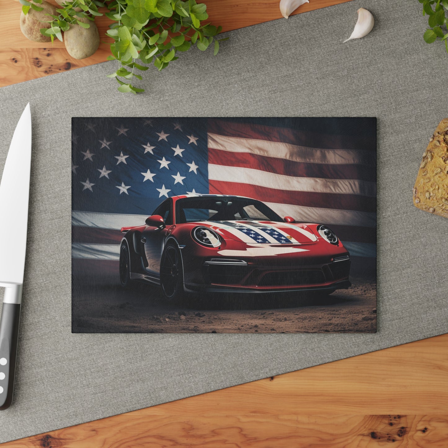 Glass Cutting Board American Flag Background Porsche 3