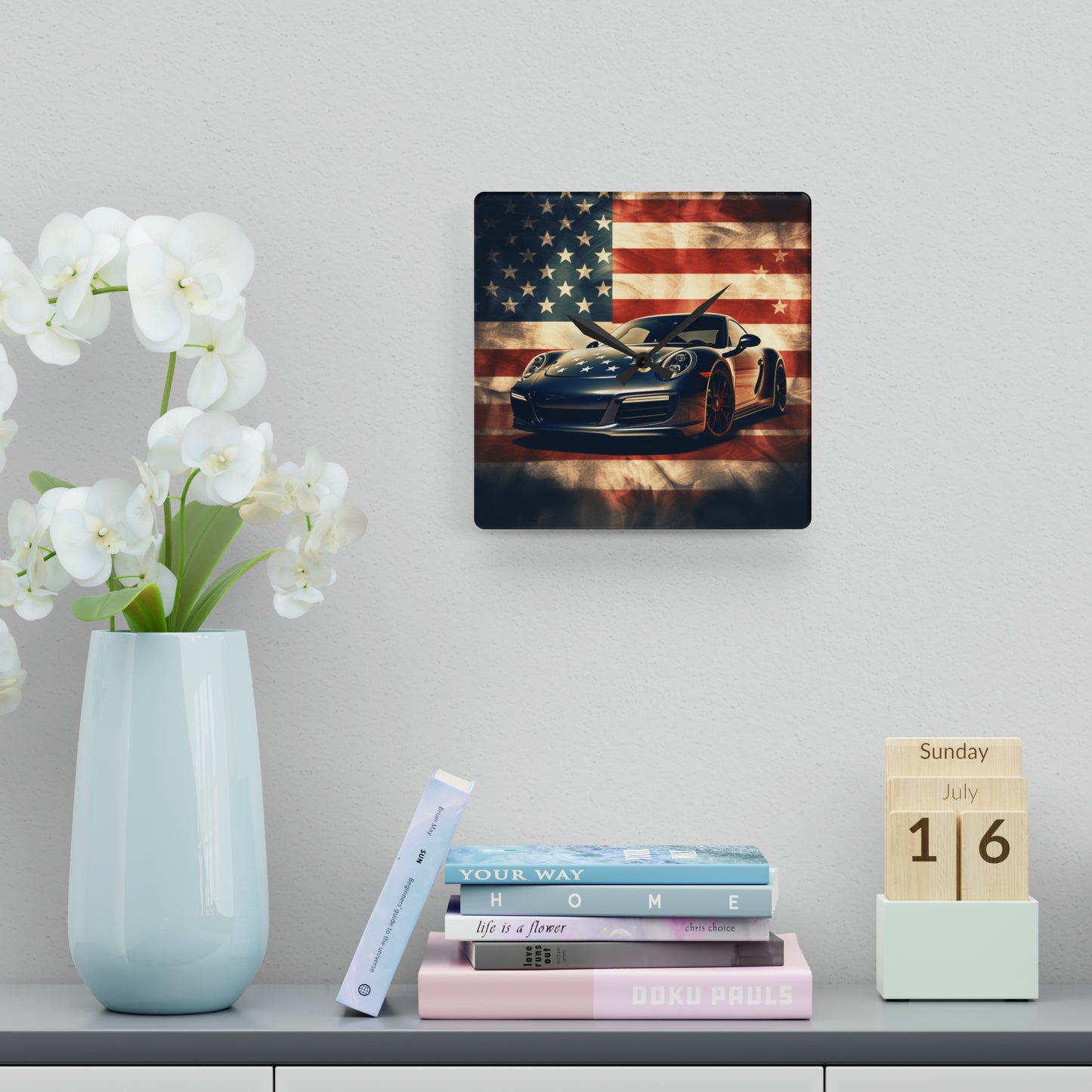 Acrylic Wall Clock Abstract American Flag Background Porsche 3