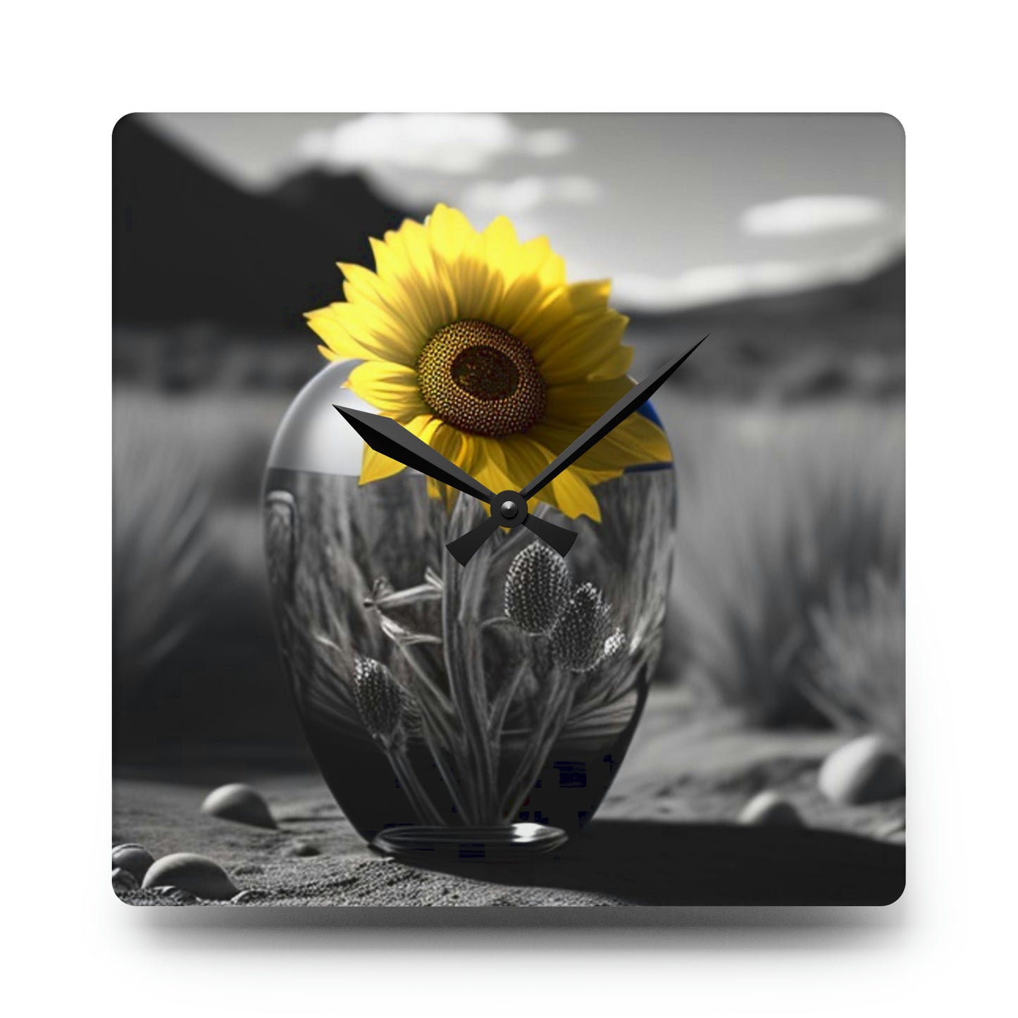 Acrylic Wall Clock Yellw Sunflower in a vase 3