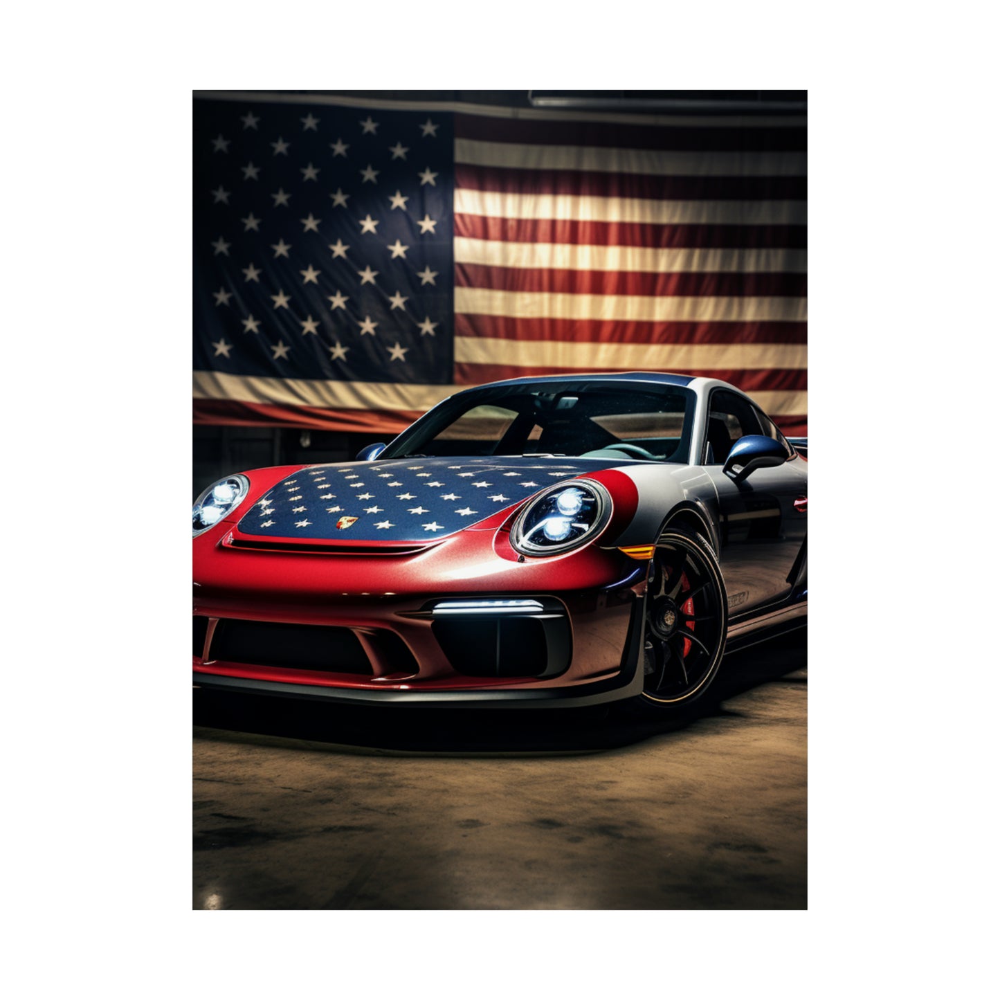 Premium Matte Vertical Posters American Flag Background Porsche 1