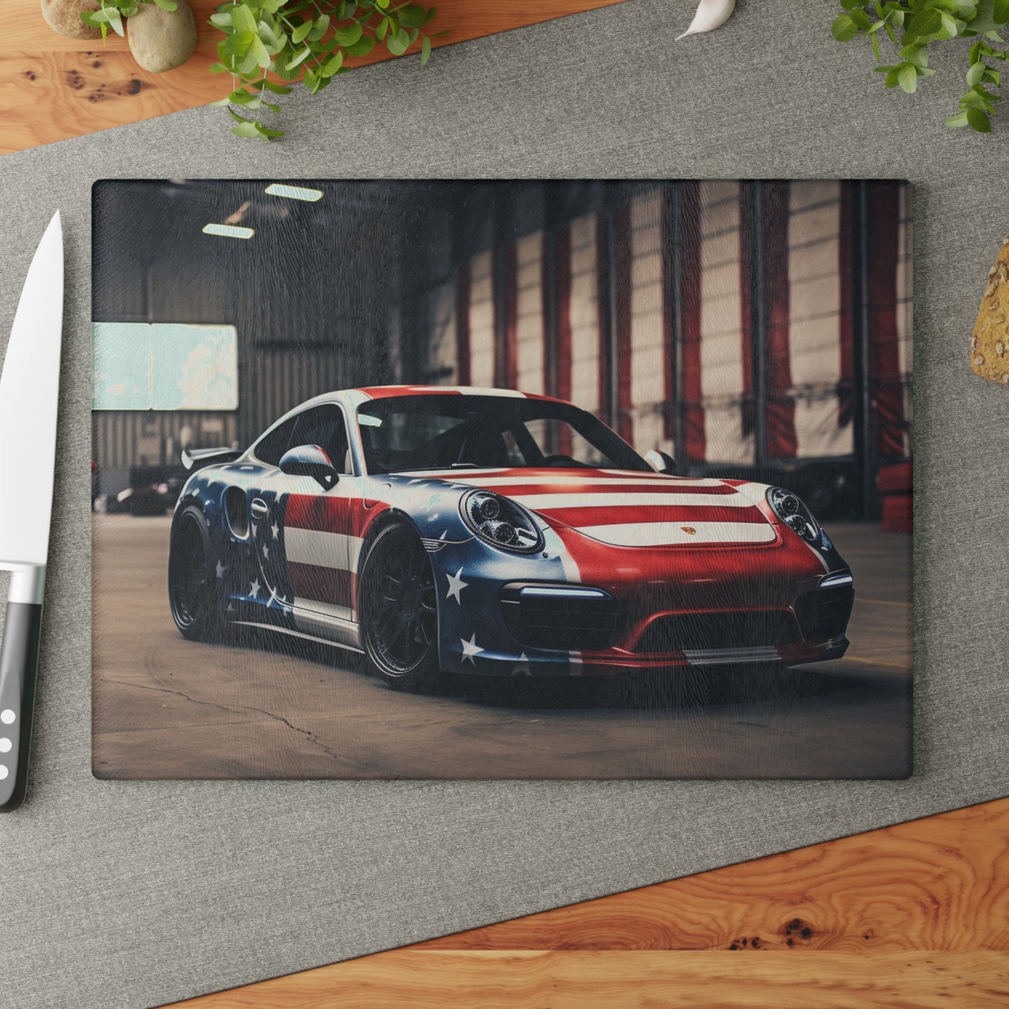 Glass Cutting Board American Flag Porsche 2