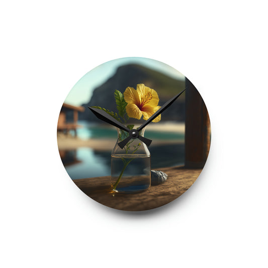 Acrylic Wall Clock Yellow Hibiscus Wood 4