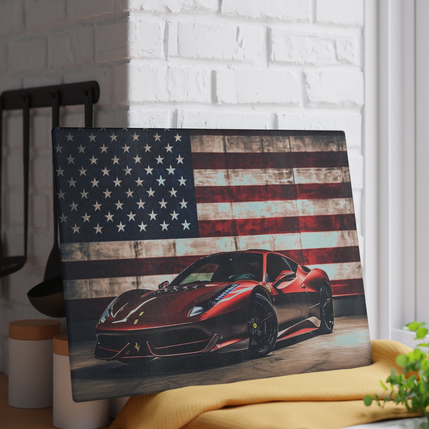 Glass Cutting Board American Flag Background Ferrari 4