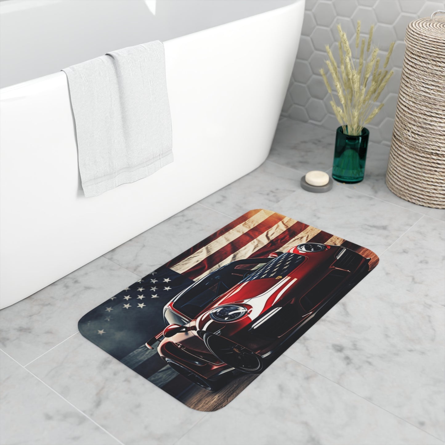 Memory Foam Bath Mat American Flag Background Porsche 2