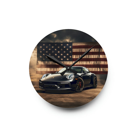 Acrylic Wall Clock American Flag Background Porsche 4