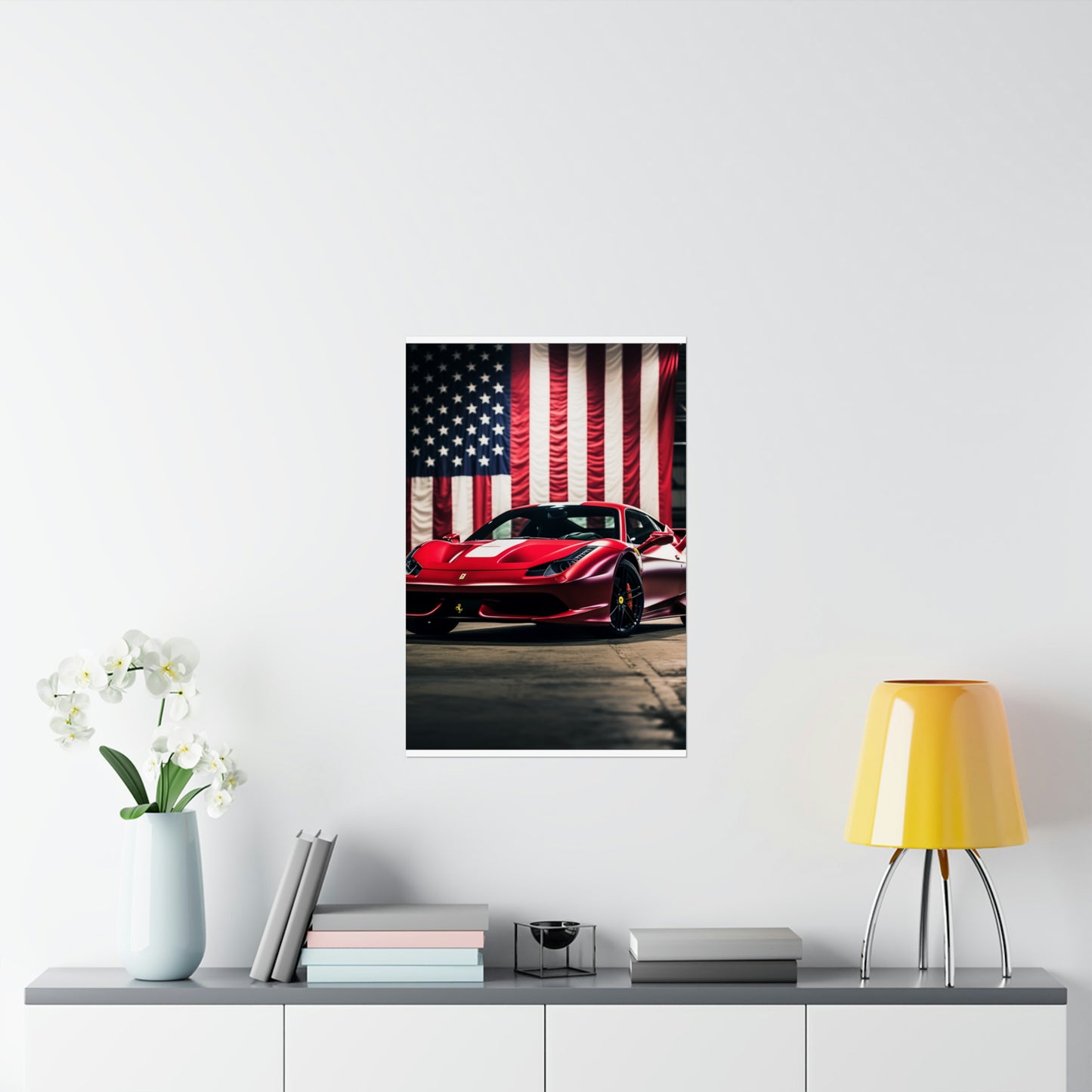 Premium Matte Vertical Posters American Flag Background Ferrari 3