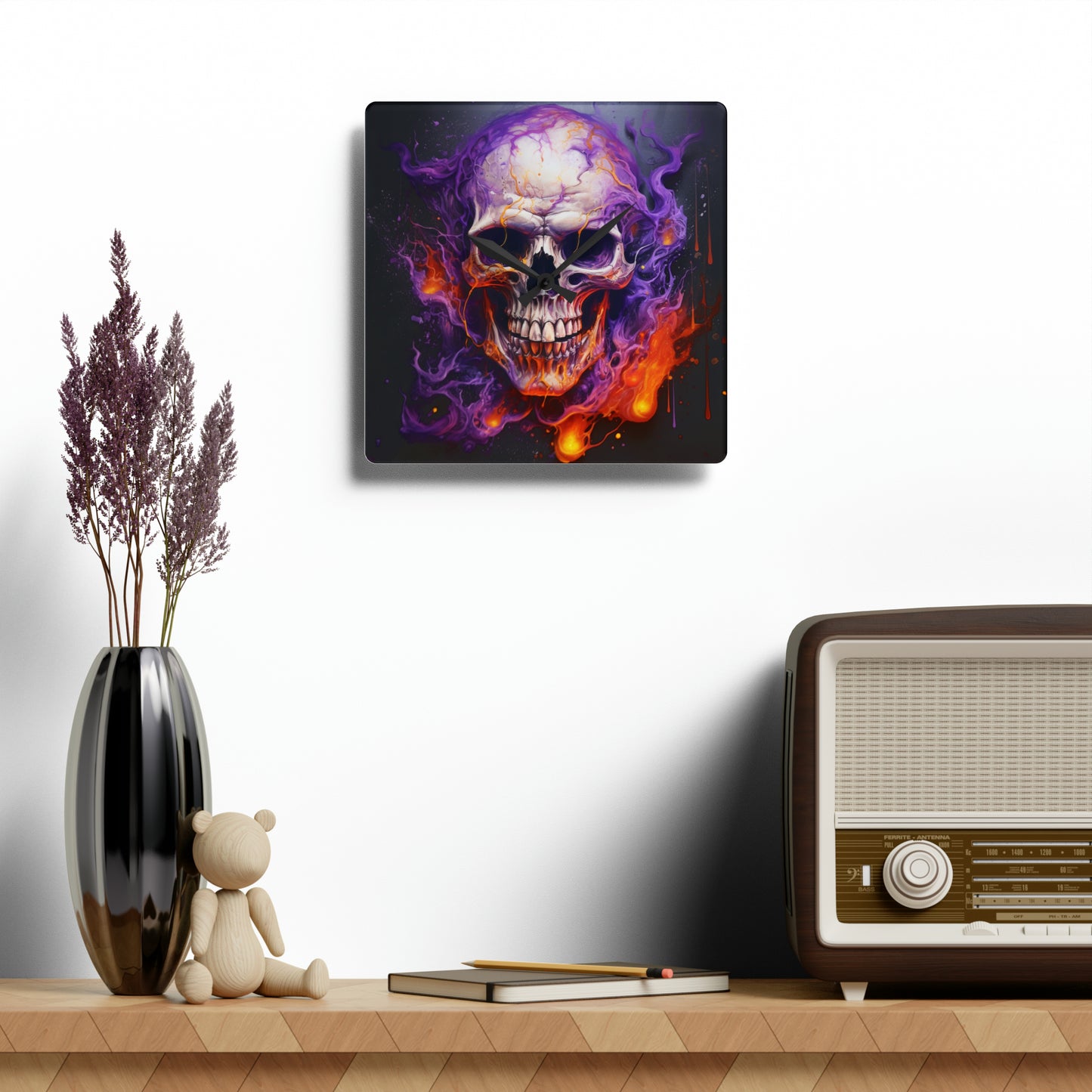 Acrylic Wall Clock Skull Flames 2