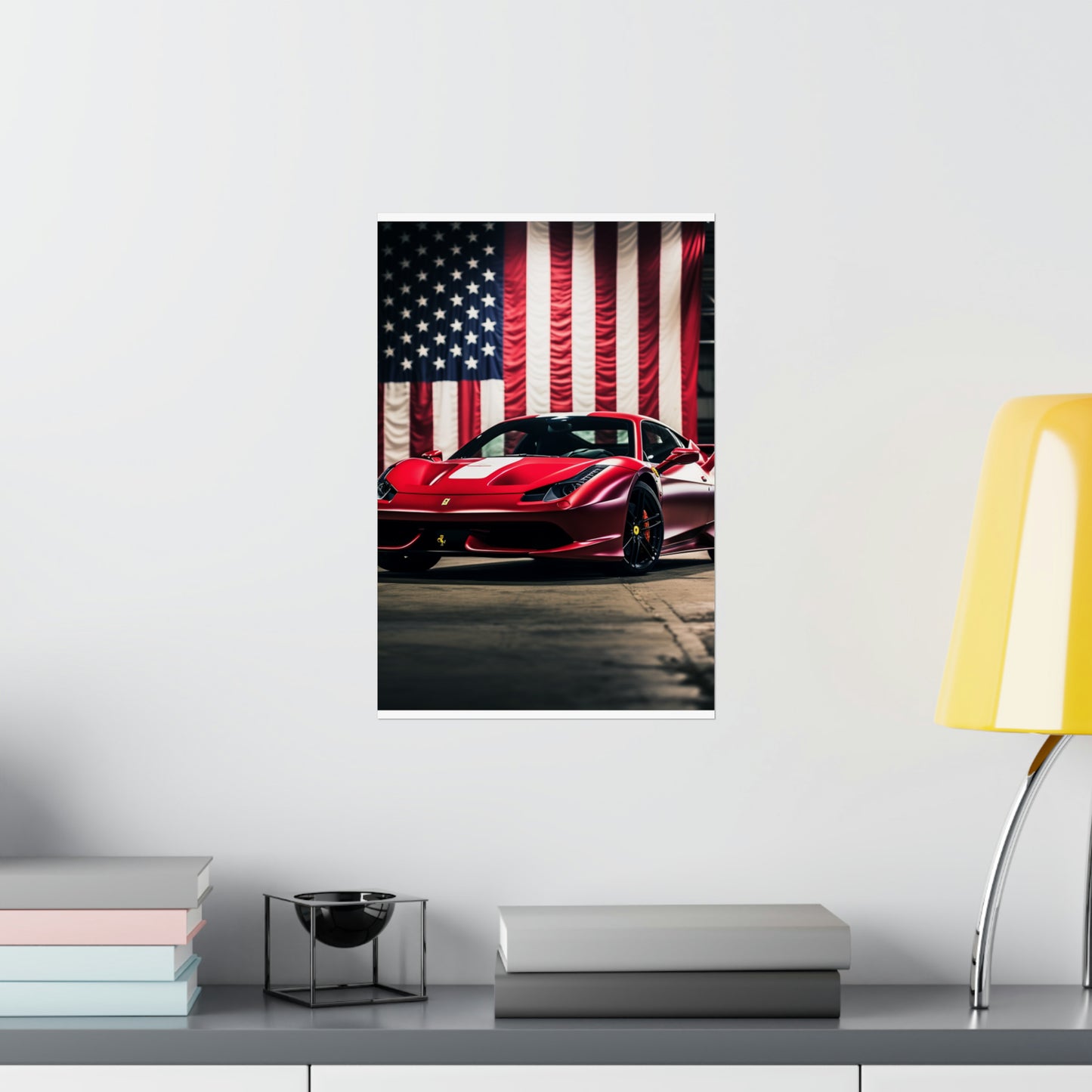 Premium Matte Vertical Posters American Flag Background Ferrari 3