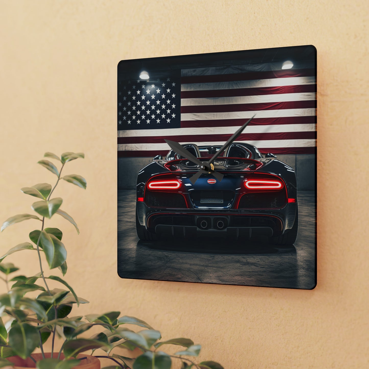 Acrylic Wall Clock American Flag Background Bugatti 4