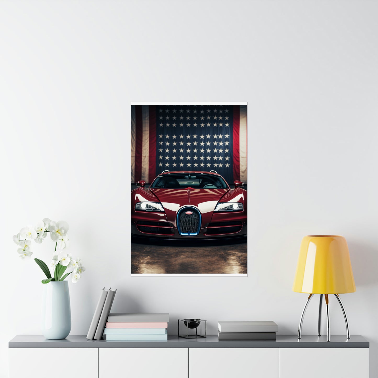 Premium Matte Vertical Posters American Flag Background Bugatti 1