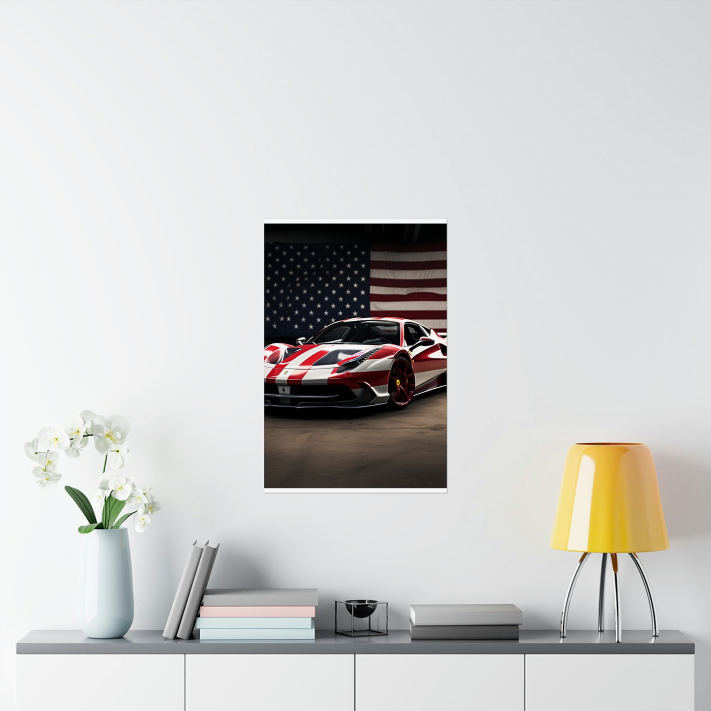 Premium Matte Vertical Posters American Flag Background Ferrari 2