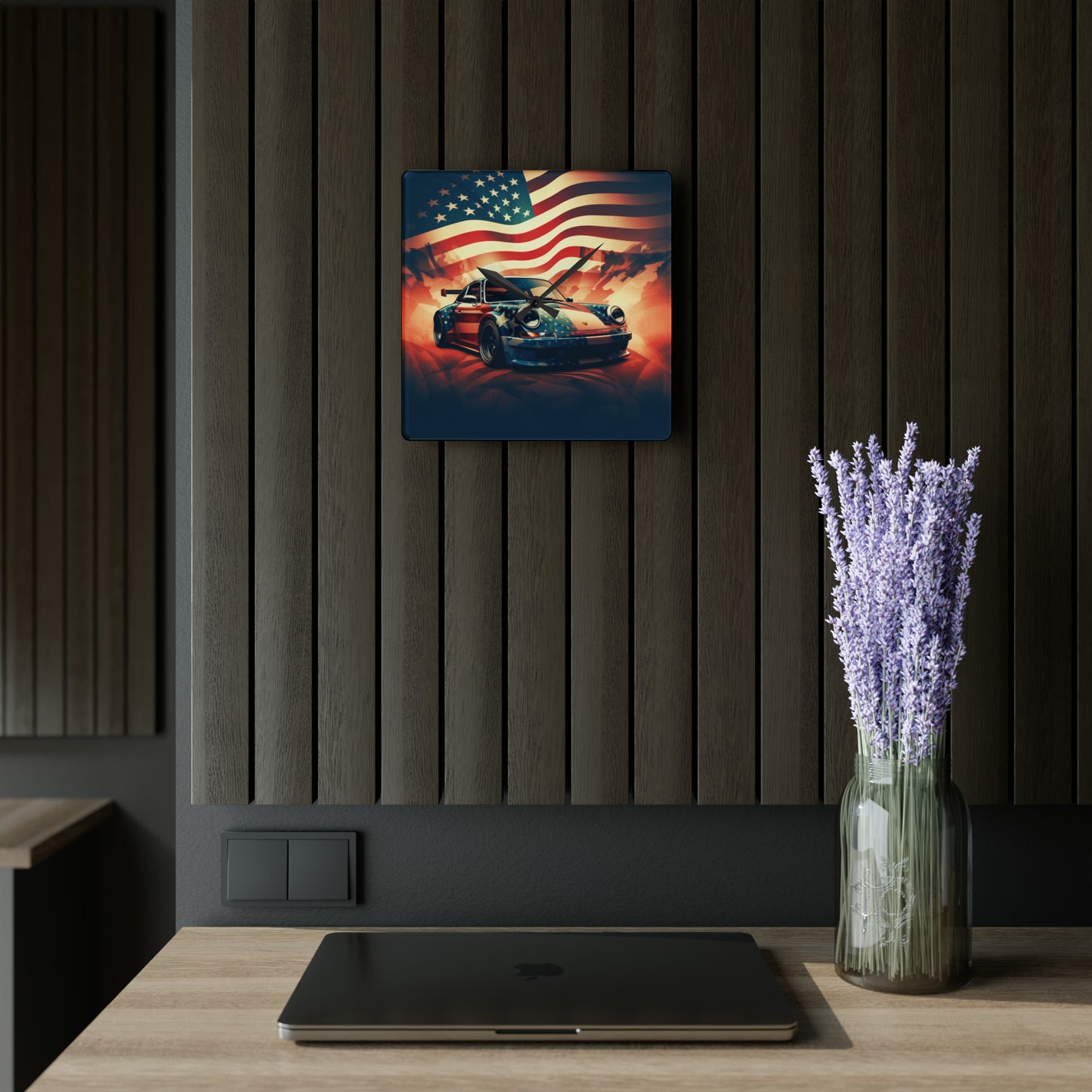 Acrylic Wall Clock Abstract American Flag Background Porsche 4