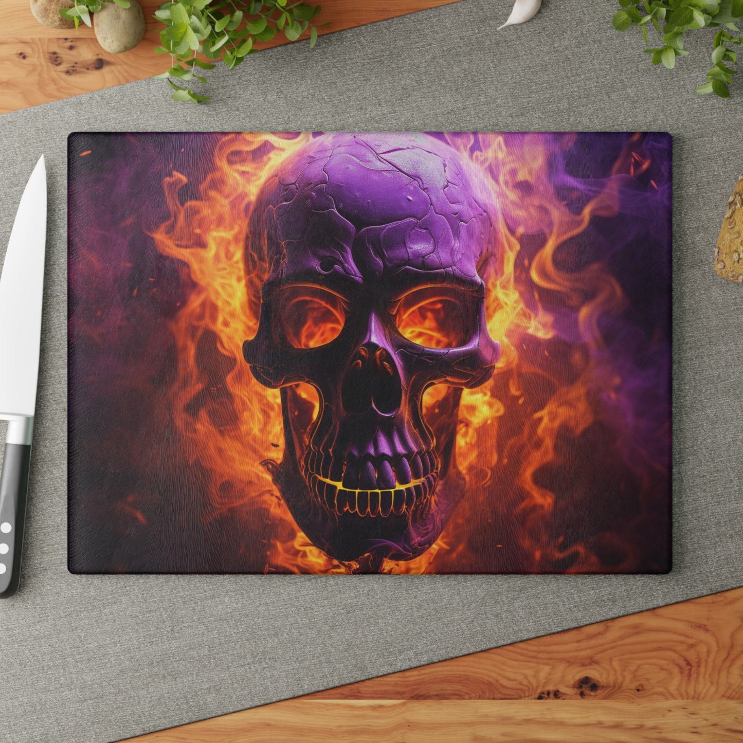 Glass Cutting Board Skull Flames 3