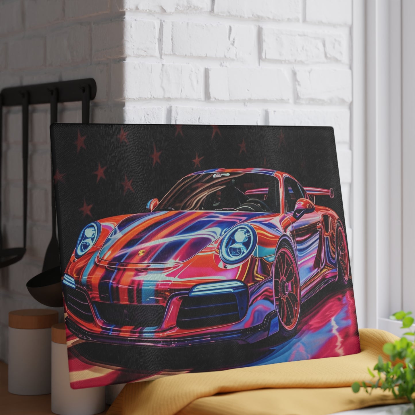 Glass Cutting Board American Flag Colored Porsche 3