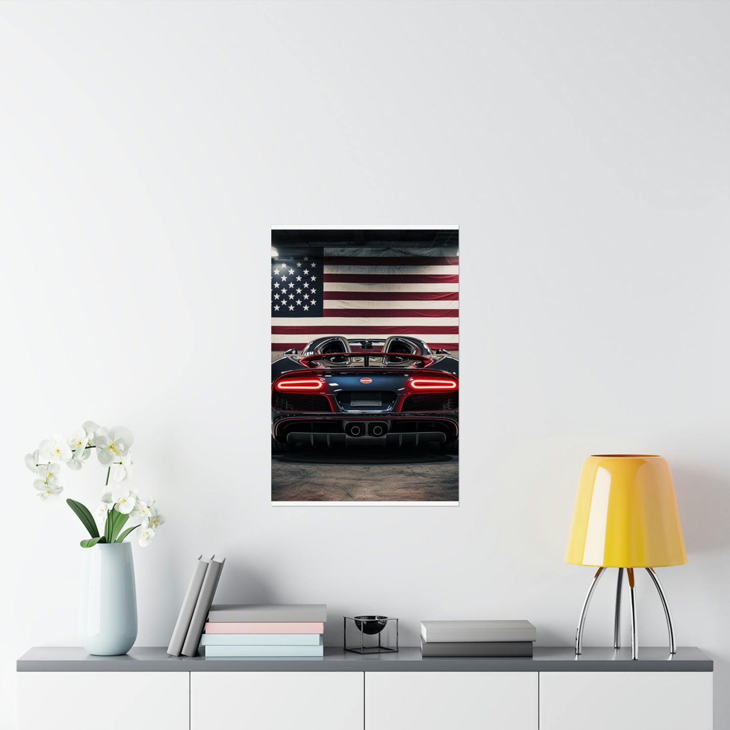 Premium Matte Vertical Posters American Flag Background Bugatti 4