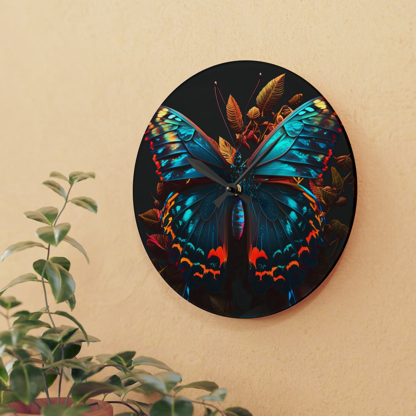 Acrylic Wall Clock Hue Neon Butterfly 1