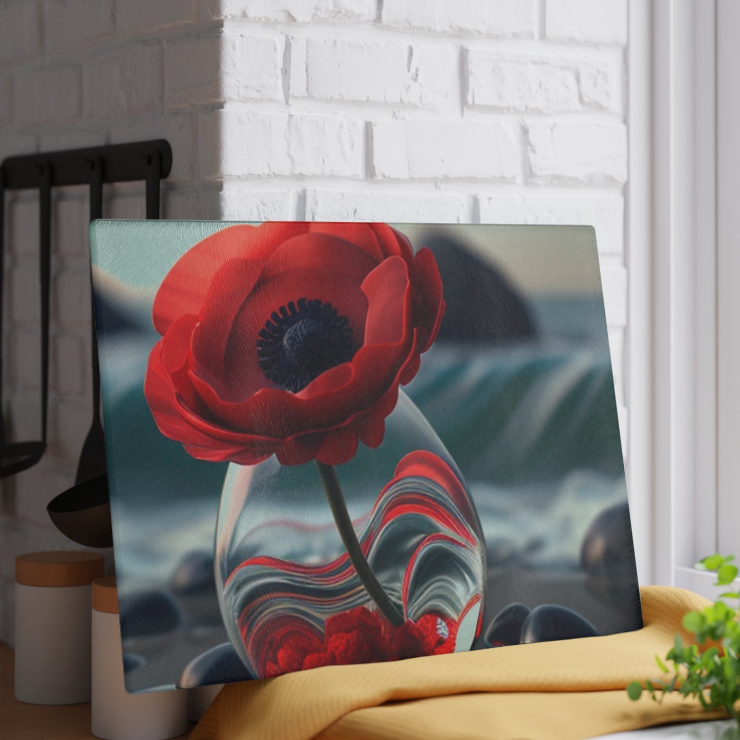 Glass Cutting Board Red Anemone in a Vase 1