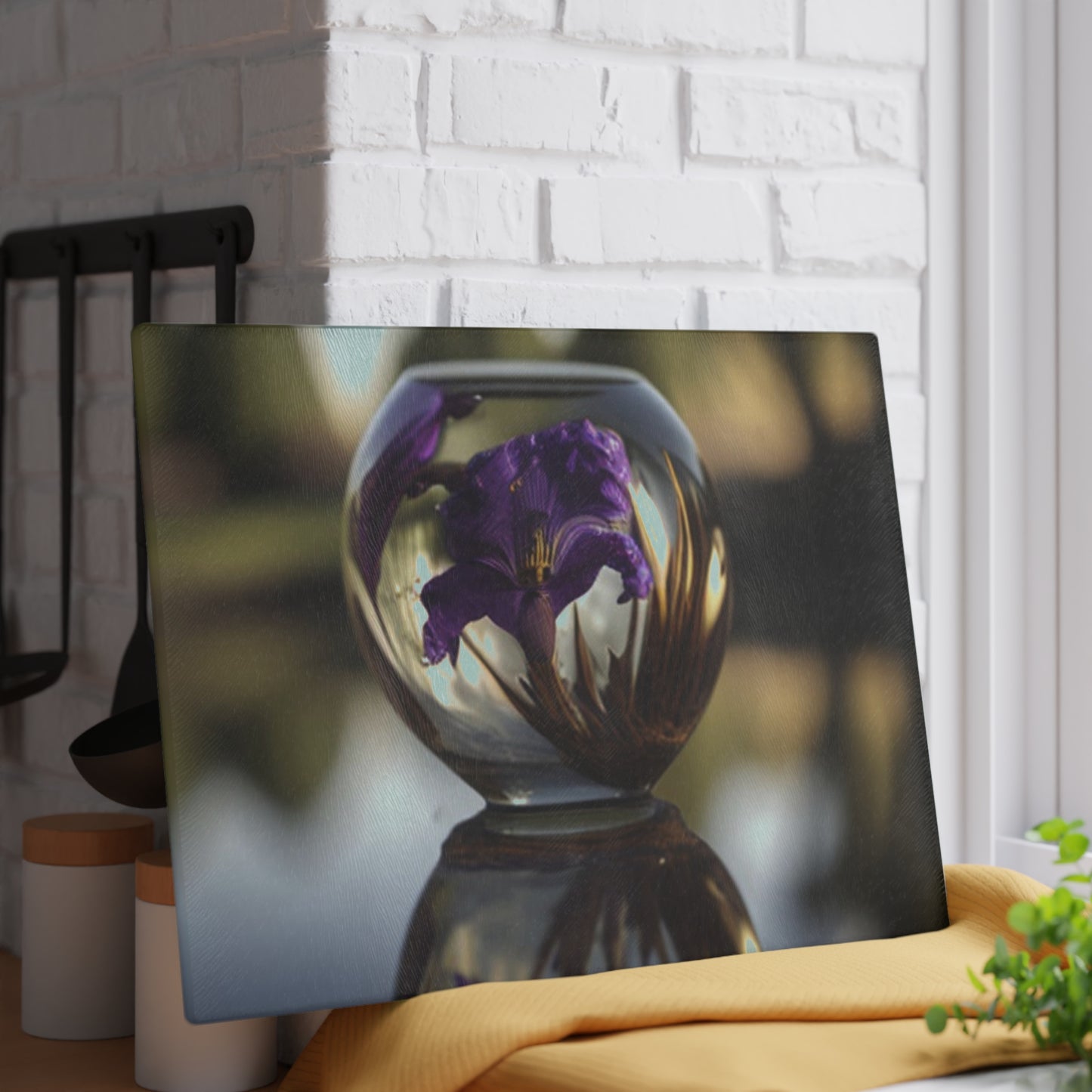 Glass Cutting Board Purple Iris in a vase 2