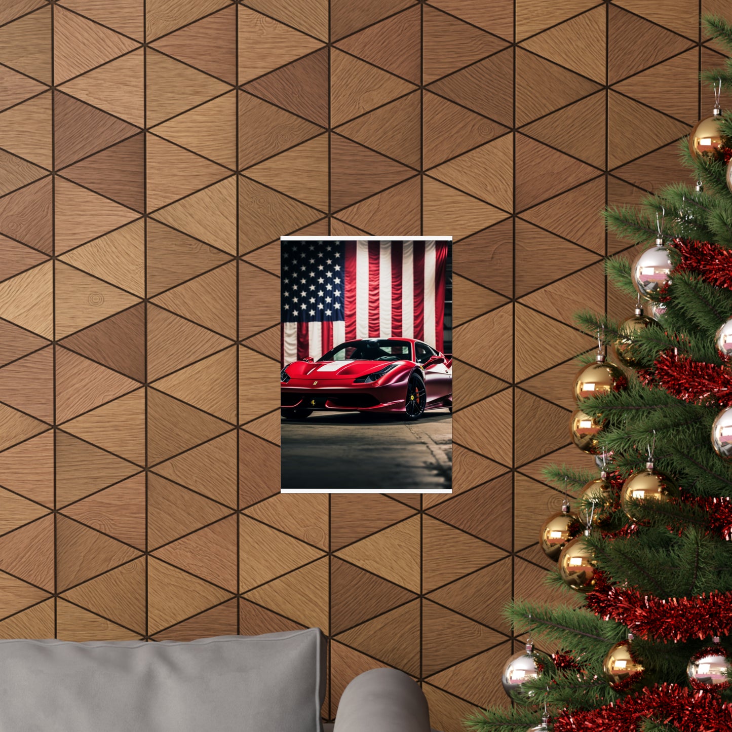 Premium Matte Vertical Posters American Flag Background Ferrari 3