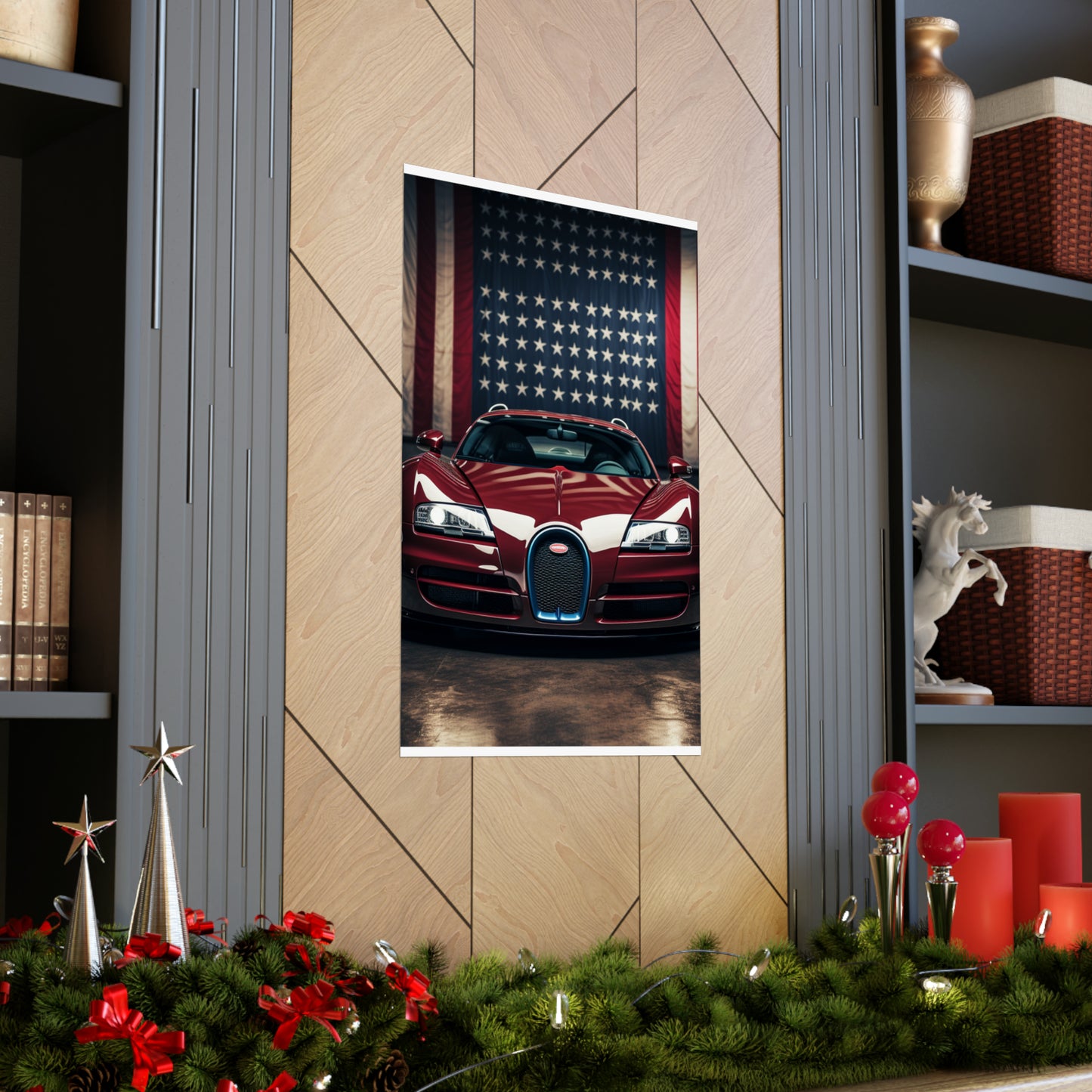 Premium Matte Vertical Posters American Flag Background Bugatti 1