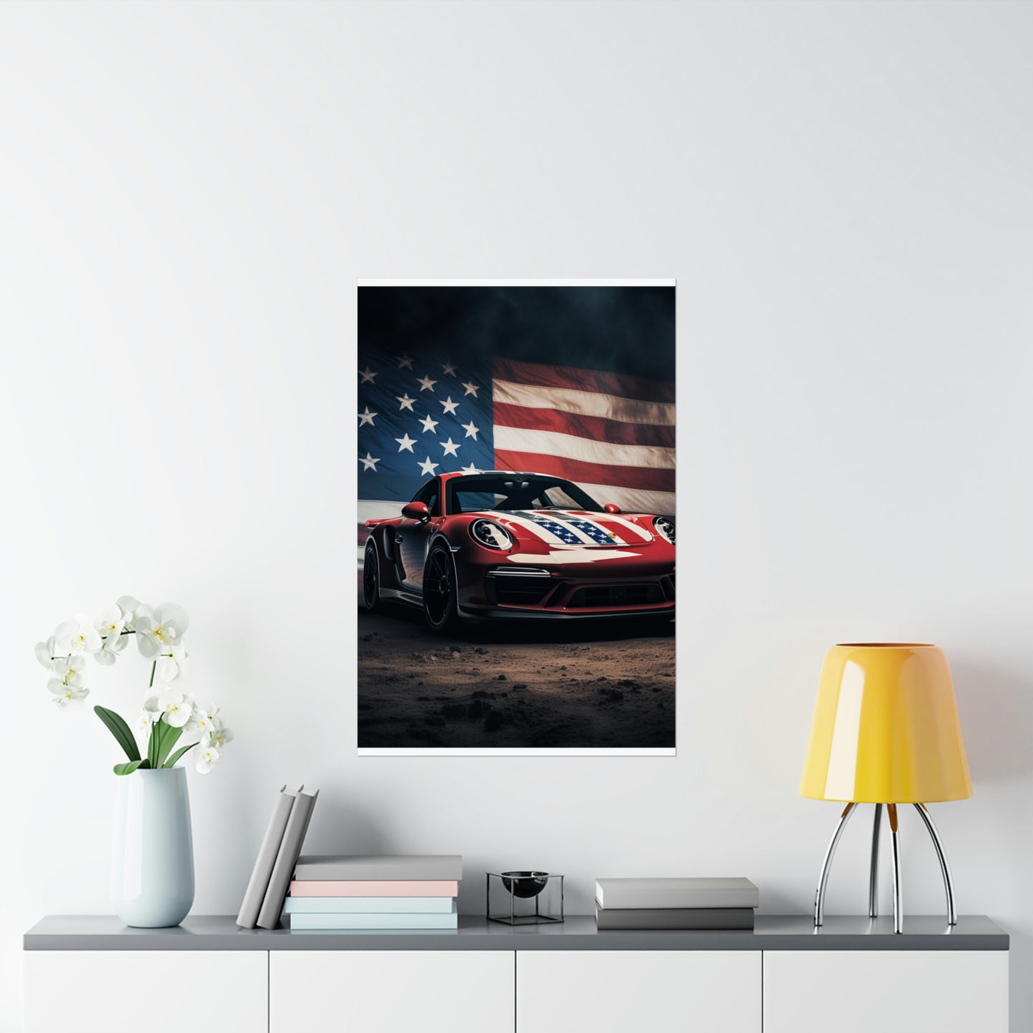 Premium Matte Vertical Posters American Flag Background Porsche 3