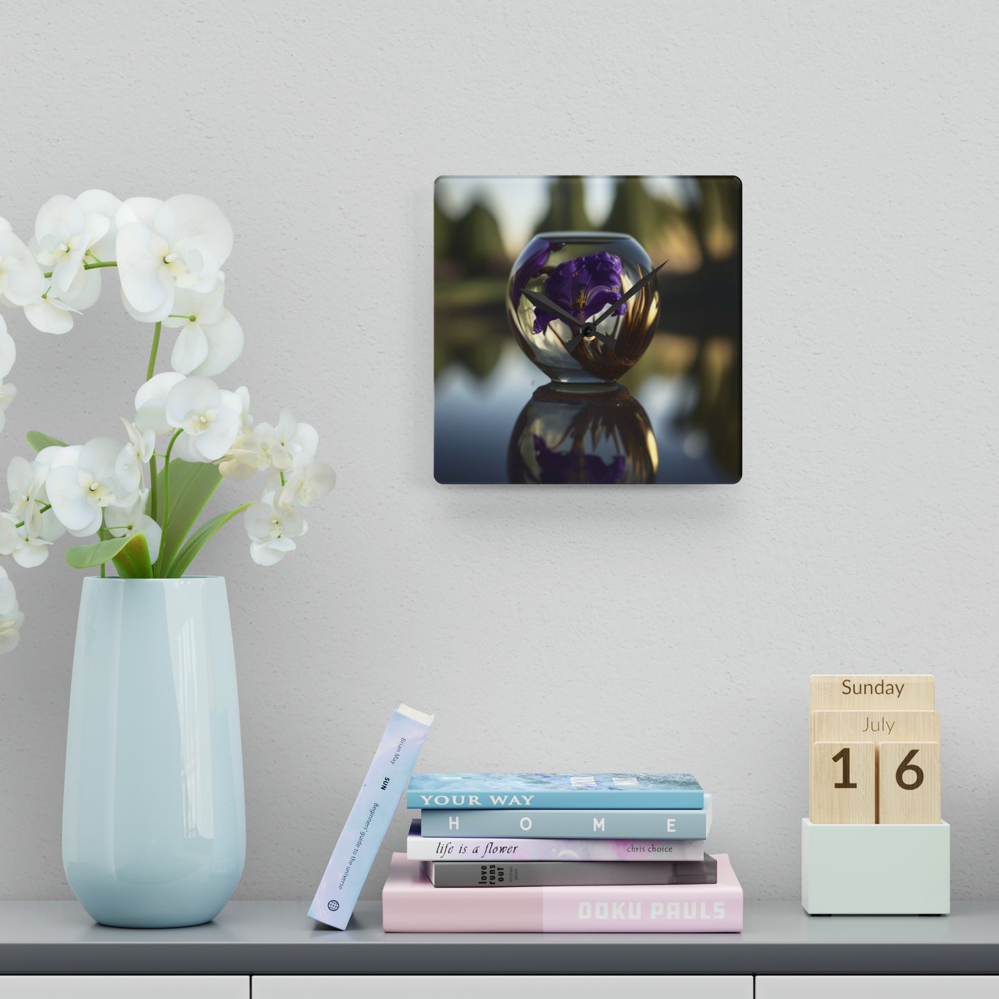 Acrylic Wall Clock Purple Iris in a vase 2