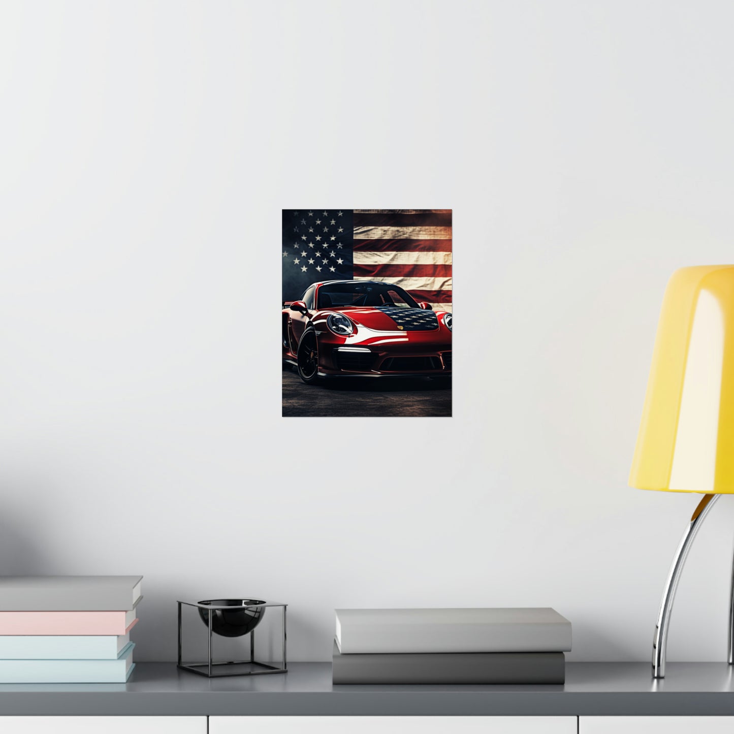 Premium Matte Vertical Posters American Flag Background Porsche 2