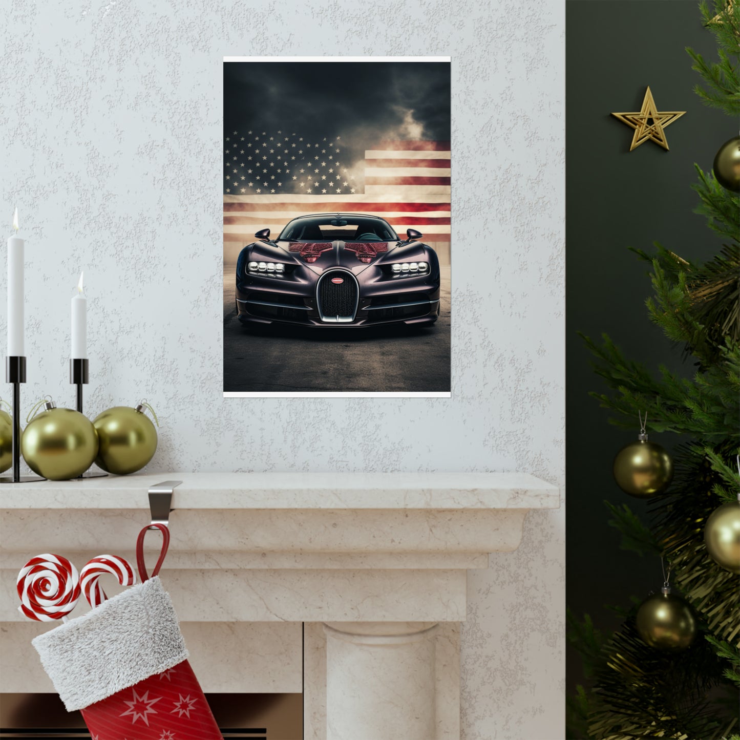 Premium Matte Vertical Posters American Flag Background Bugatti 2