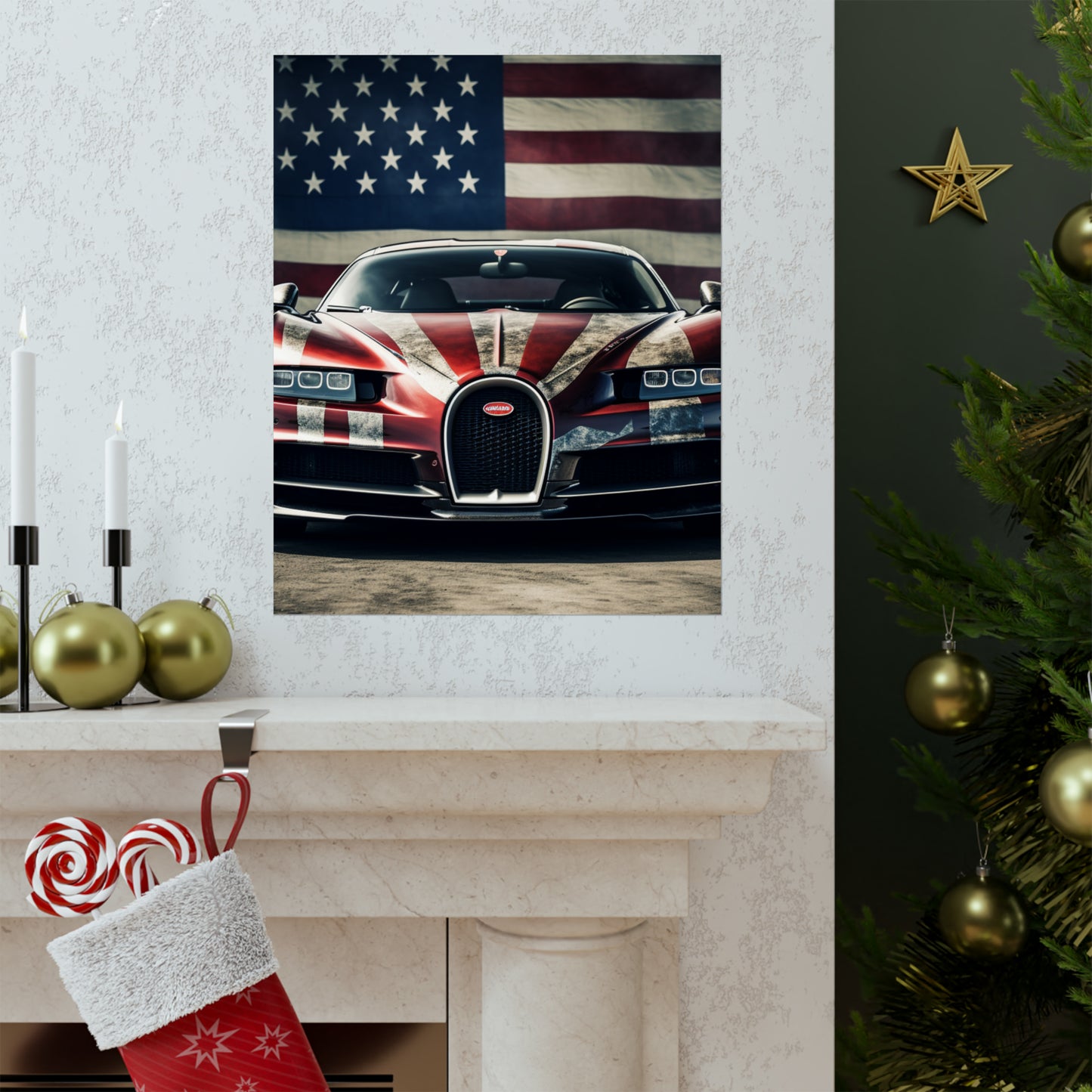 Premium Matte Vertical Posters American Flag Background Bugatti 3