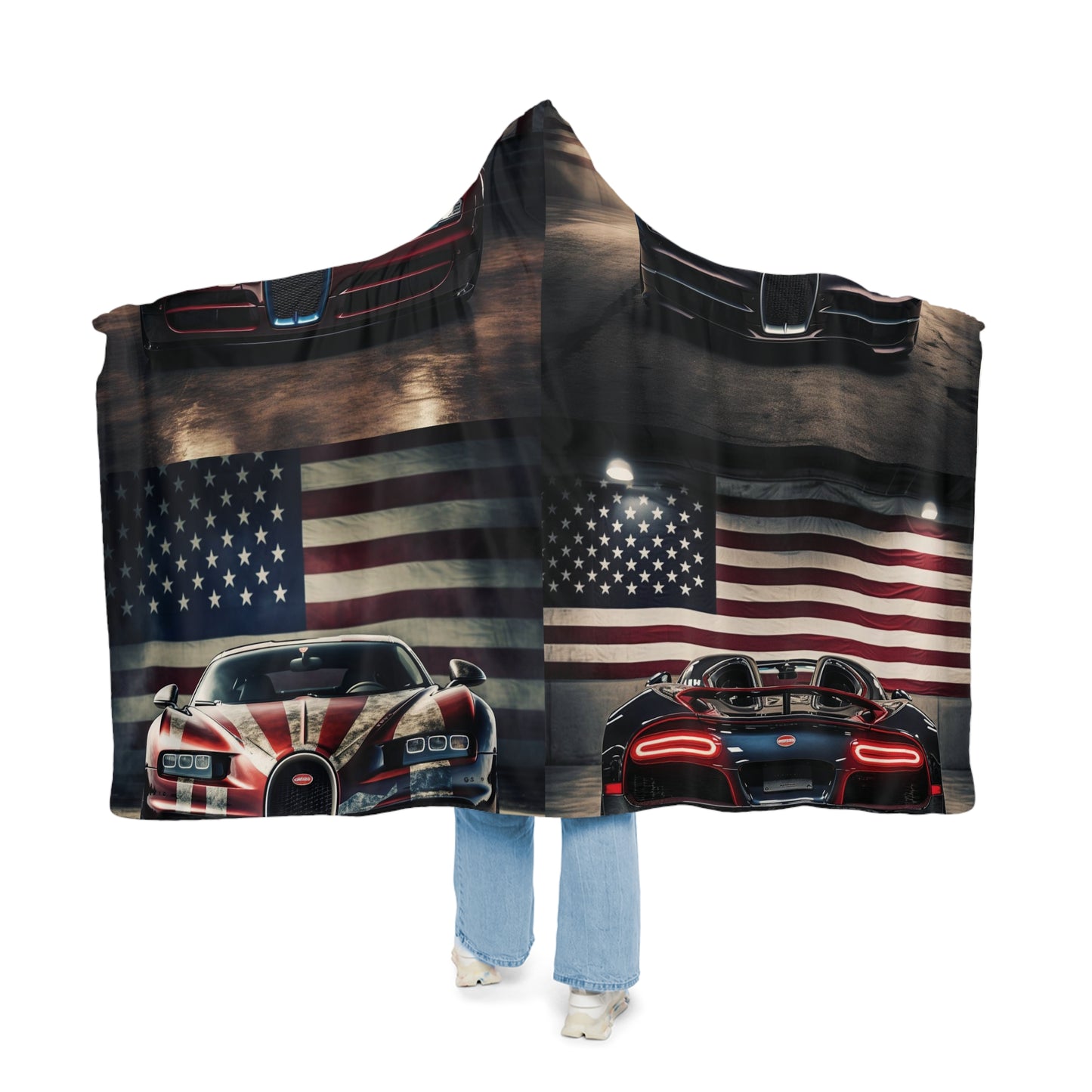 Snuggle Hooded Blanket American Flag Background Bugatti 5