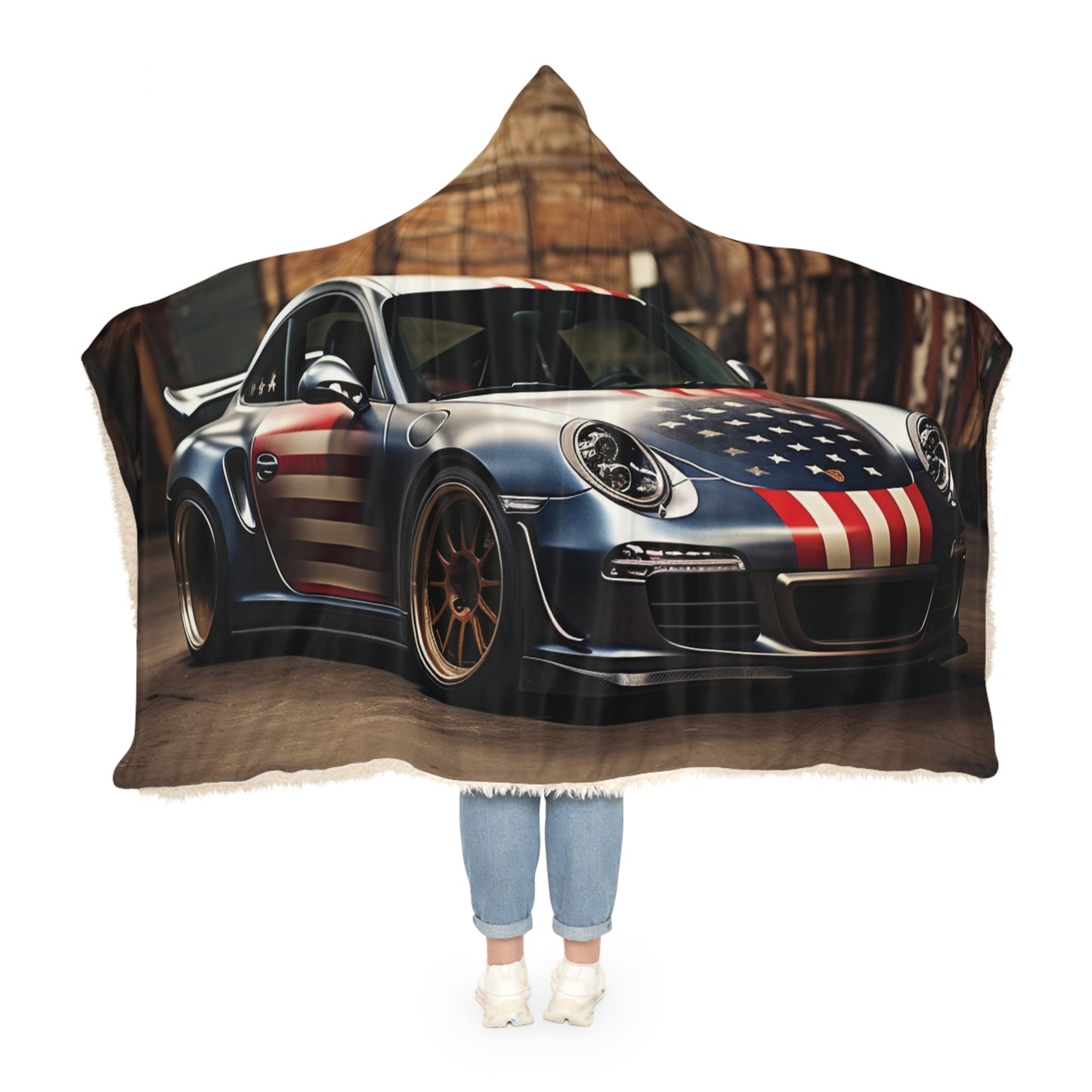 Snuggle Hooded Blanket American Flag Porsche 1